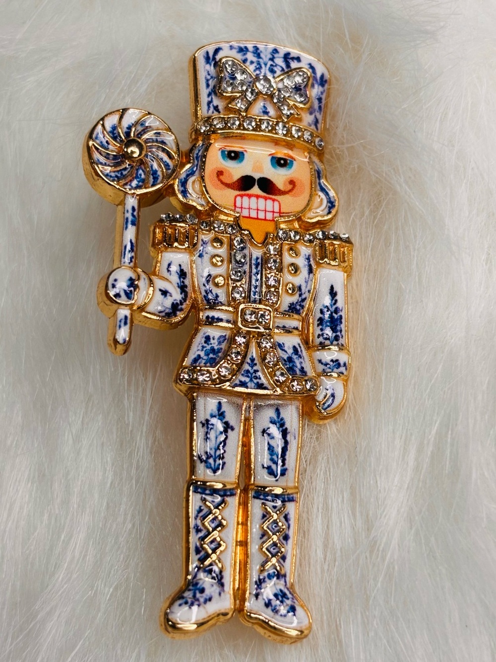 🎄 Blue & White Nutcracker Rhinestone Christmas Brooch